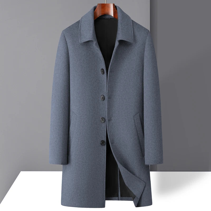 High-quality men's fashionable, stylish and versatile solid-color casual long woolen overcoat, wool woolen overcoat