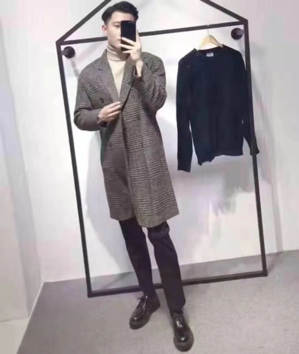 YASUGUOJI Casual Double Breasted Mens Wool Overcoat Winter 2022 Houndstooth Jacket Men Turn-down Collar Long Woollen Wind Coat