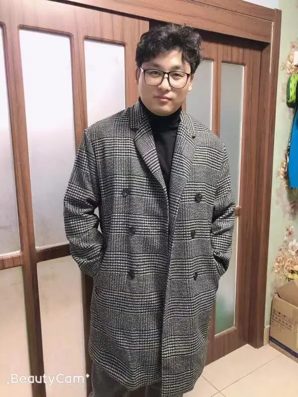 YASUGUOJI Casual Double Breasted Mens Wool Overcoat Winter 2022 Houndstooth Jacket Men Turn-down Collar Long Woollen Wind Coat