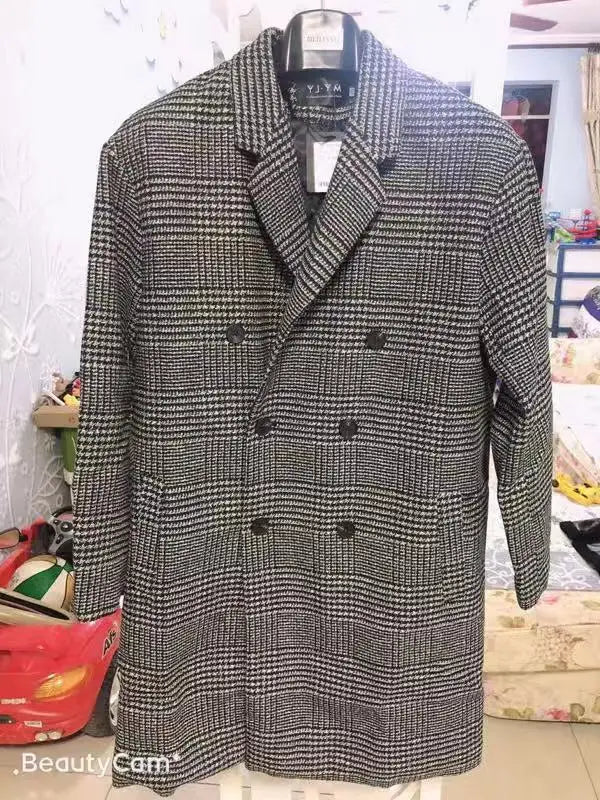 YASUGUOJI Casual Double Breasted Mens Wool Overcoat Winter 2022 Houndstooth Jacket Men Turn-down Collar Long Woollen Wind Coat