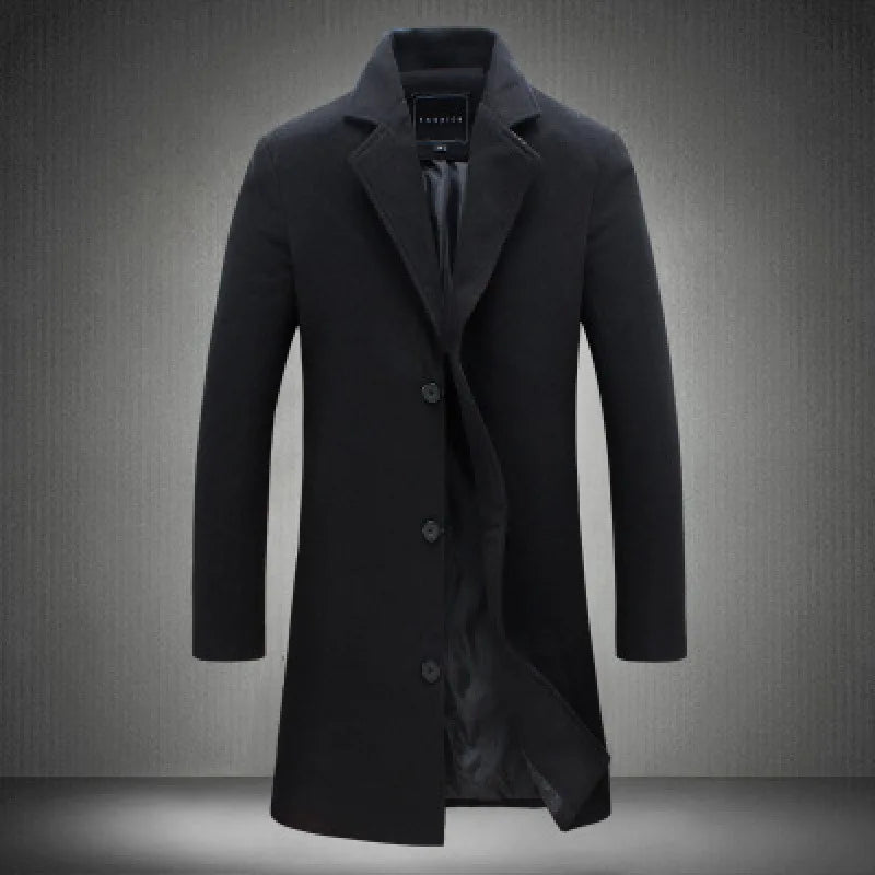 Autumn Winter Men Wool Overcoat Lapel Long Sleeve Jacket Single Breasted Mid-length Business Trench Outwear Solid Dust Outwear