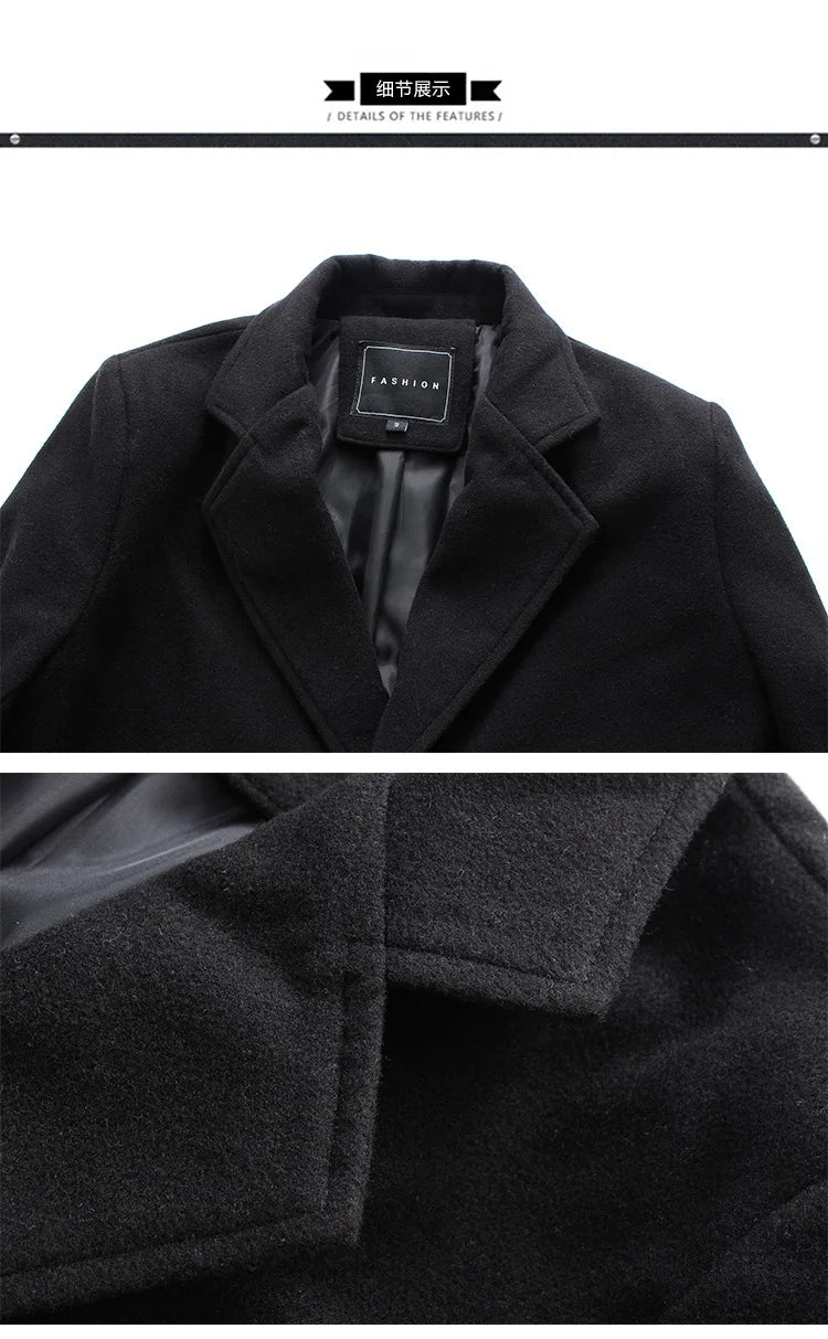 Autumn Winter Men Wool Overcoat Lapel Long Sleeve Jacket Single Breasted Mid-length Business Trench Outwear Solid Dust Outwear