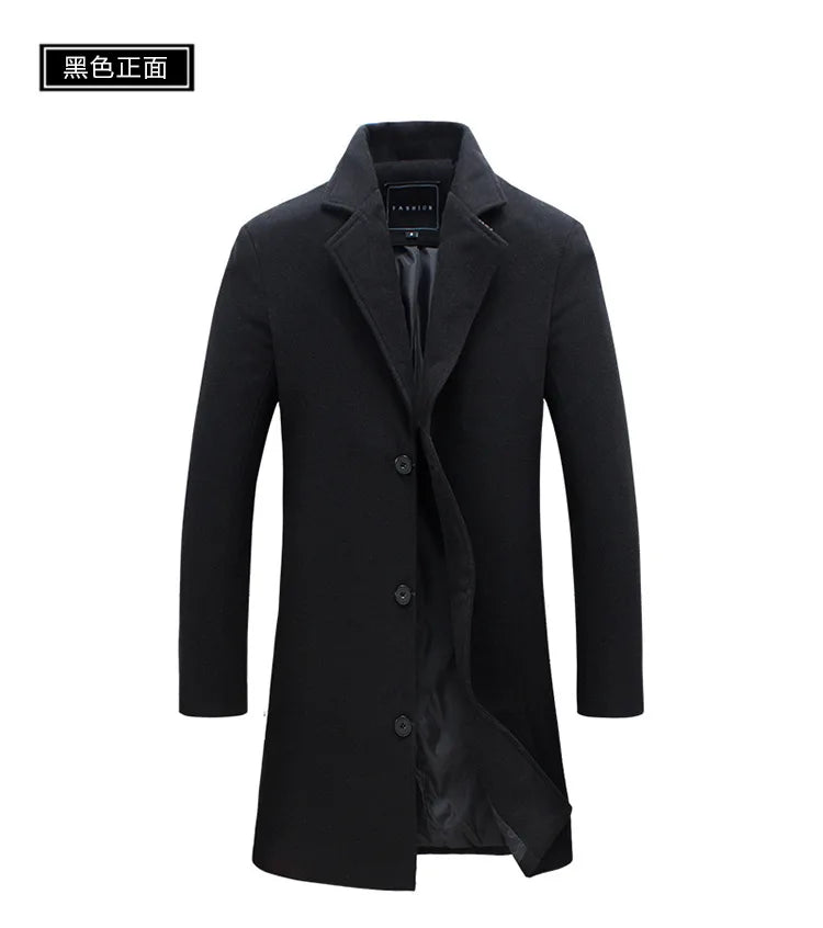 Autumn Winter Men Wool Overcoat Lapel Long Sleeve Jacket Single Breasted Mid-length Business Trench Outwear Solid Dust Outwear