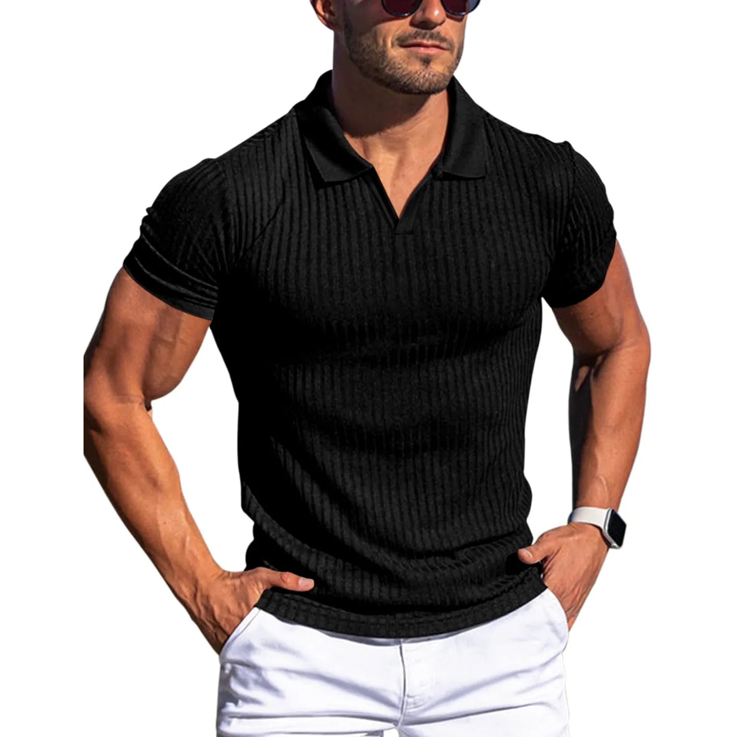 Ribbed V-Neck Polo