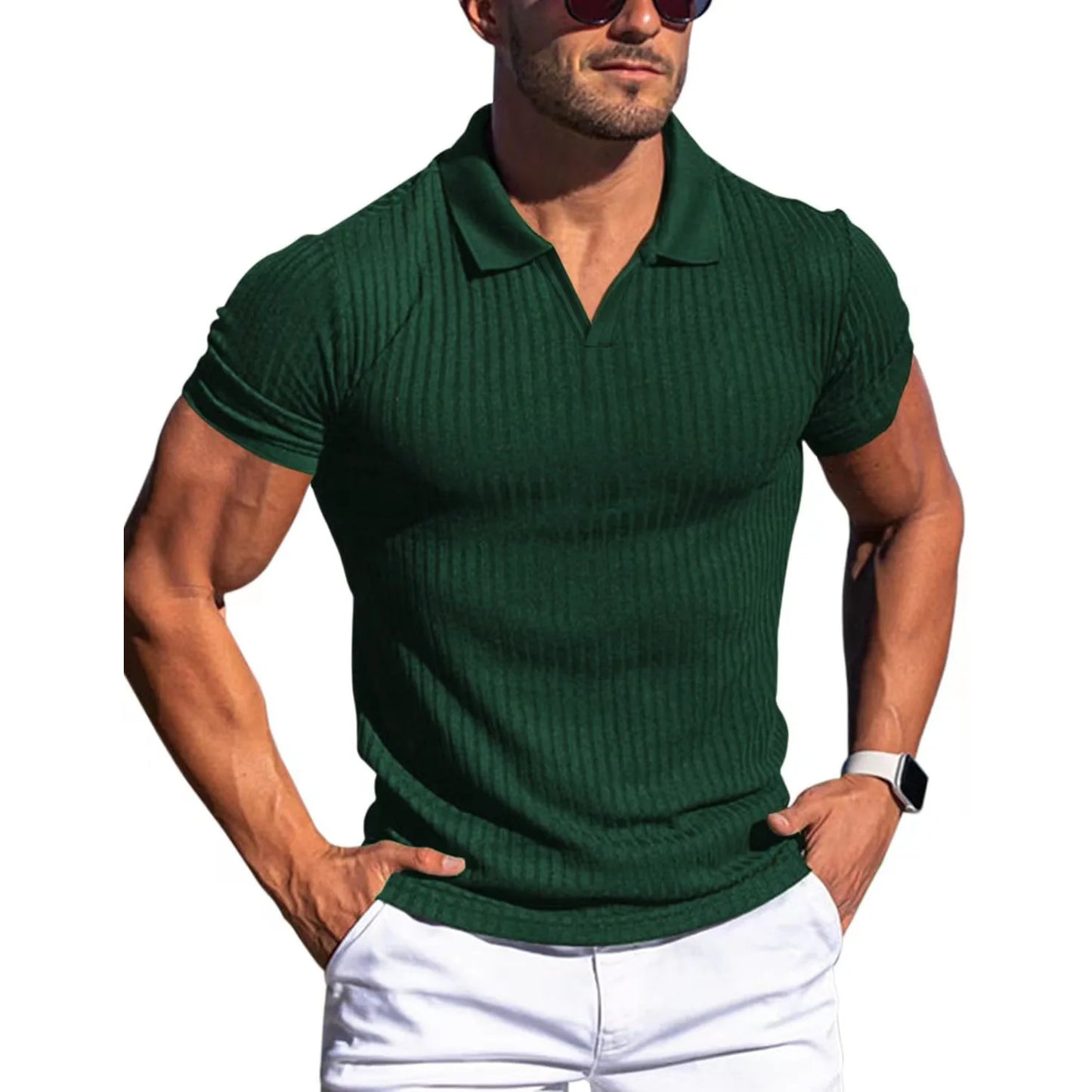 Ribbed V-Neck Polo