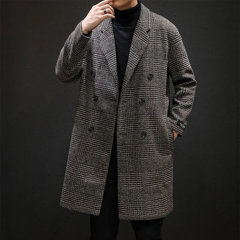 YASUGUOJI Casual Double Breasted Mens Wool Overcoat Winter 2022 Houndstooth Jacket Men Turn-down Collar Long Woollen Wind Coat
