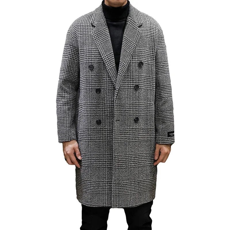YASUGUOJI Casual Double Breasted Mens Wool Overcoat Winter 2022 Houndstooth Jacket Men Turn-down Collar Long Woollen Wind Coat