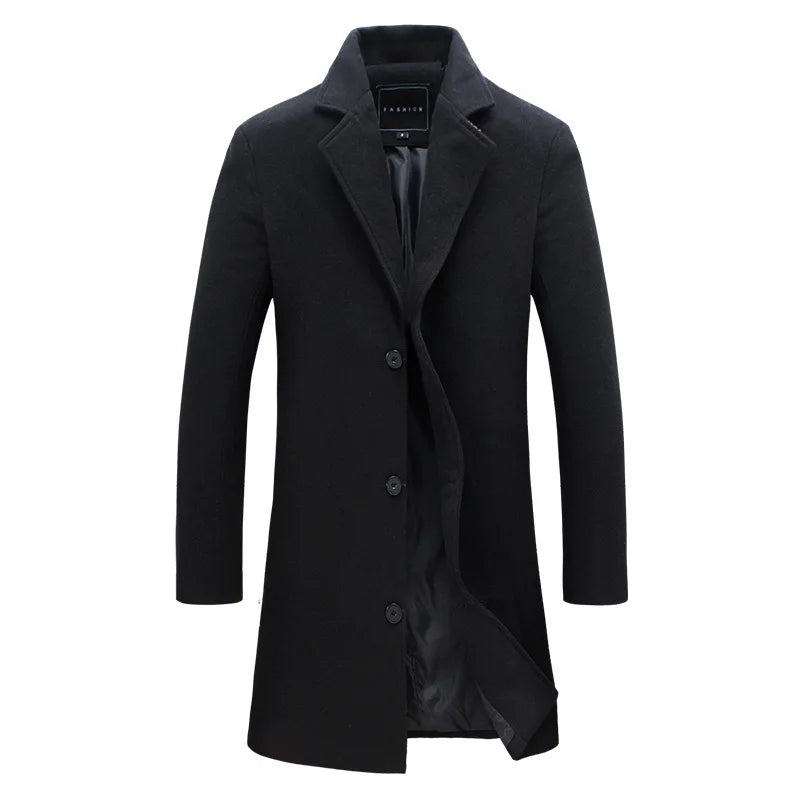 Autumn Winter Men Wool Overcoat Lapel Long Sleeve Jacket Single Breasted Mid-length Business Trench Outwear Solid Dust Outwear