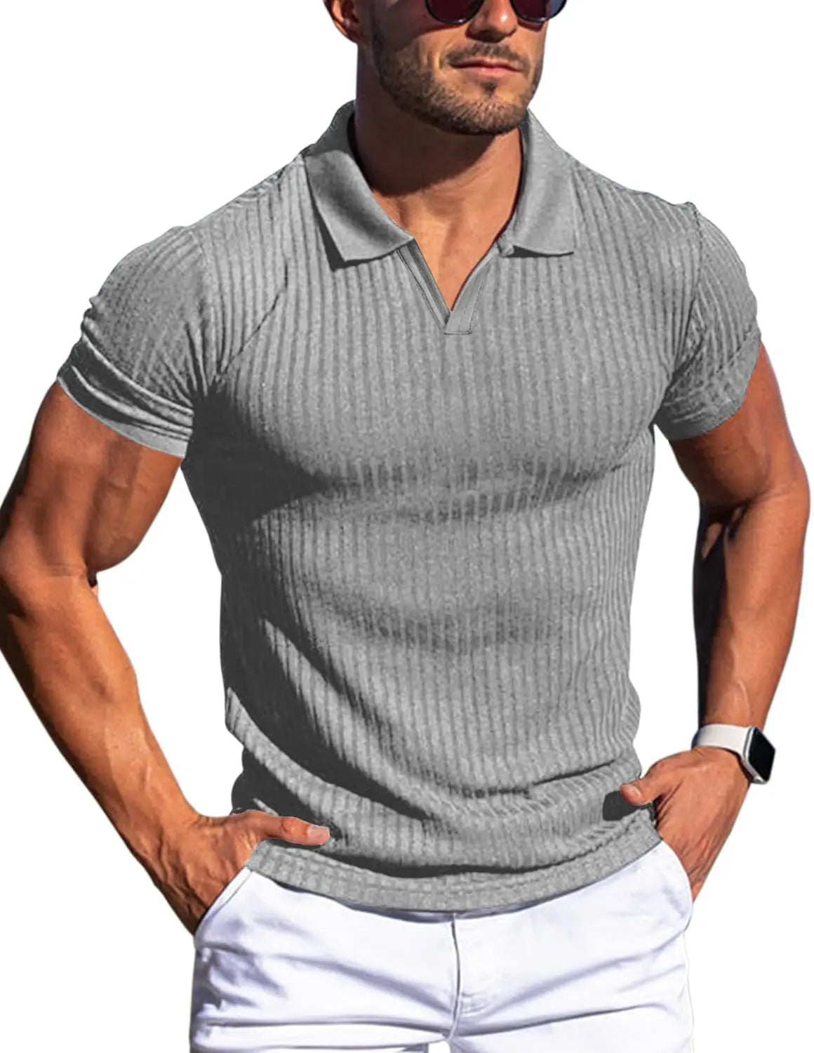 Ribbed V-Neck Polo