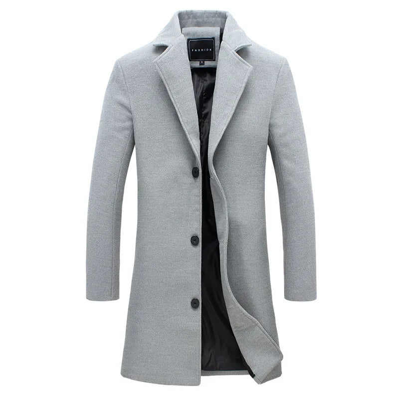 Autumn Winter Men Wool Overcoat Lapel Long Sleeve Jacket Single Breasted Mid-length Business Trench Outwear Solid Dust Outwear