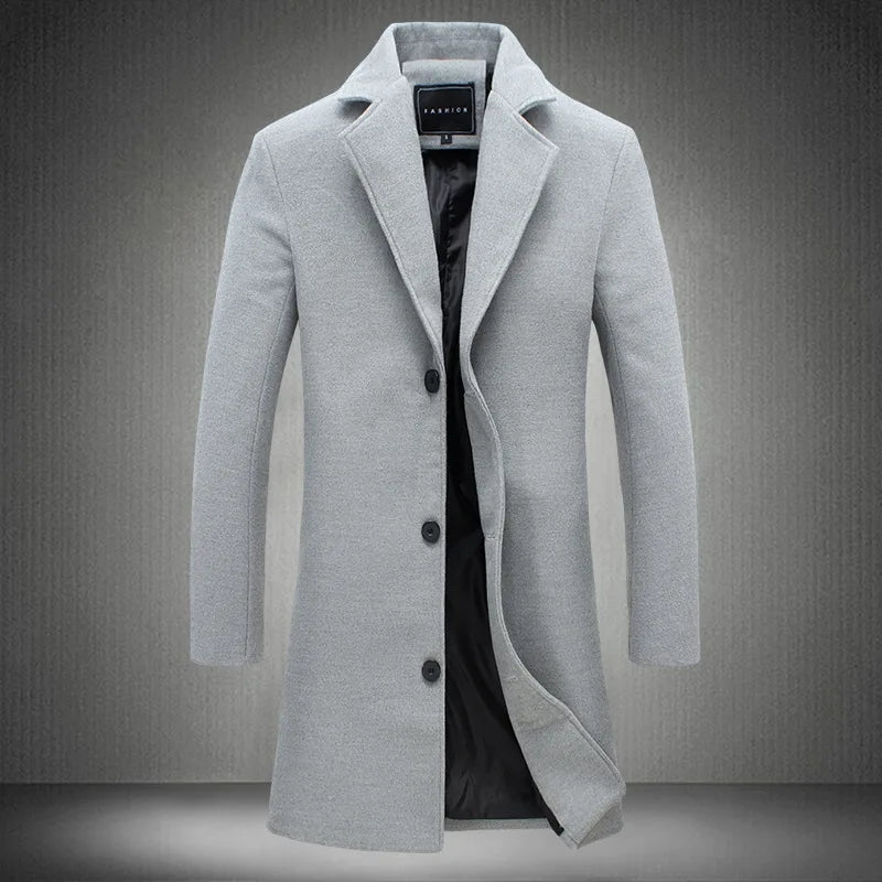 Autumn Winter Men Wool Overcoat Lapel Long Sleeve Jacket Single Breasted Mid-length Business Trench Outwear Solid Dust Outwear