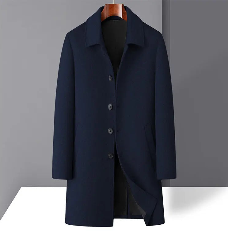 High-quality men's fashionable, stylish and versatile solid-color casual long woolen overcoat, wool woolen overcoat
