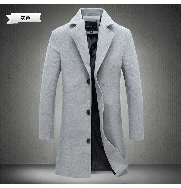 Autumn Winter Men Wool Overcoat Lapel Long Sleeve Jacket Single Breasted Mid-length Business Trench Outwear Solid Dust Outwear