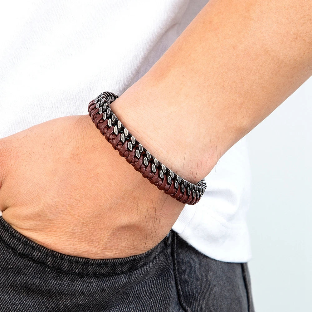 Double Chain Braid Leather Bracelet