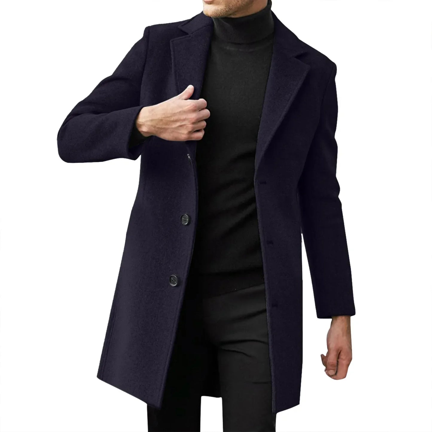 Autumn Winter Men Wool Overcoat Lapel Long Sleeve Jacket Single Breasted Mid-length Business Trench Outwear Solid Dust Outwear