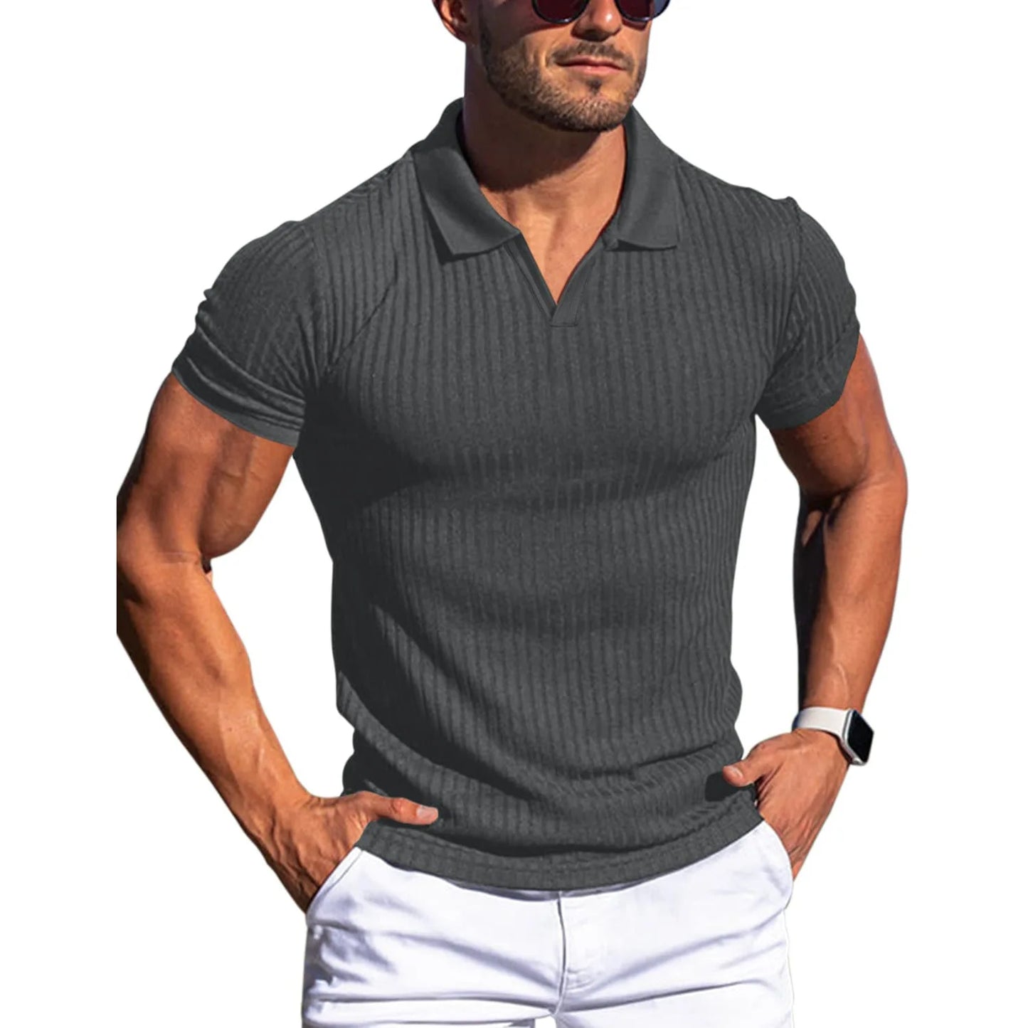 Ribbed V-Neck Polo