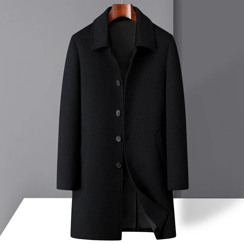 High-quality men's fashionable, stylish and versatile solid-color casual long woolen overcoat, wool woolen overcoat