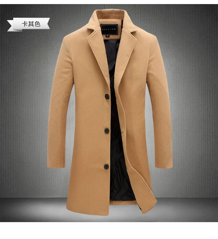 Autumn Winter Men Wool Overcoat Lapel Long Sleeve Jacket Single Breasted Mid-length Business Trench Outwear Solid Dust Outwear