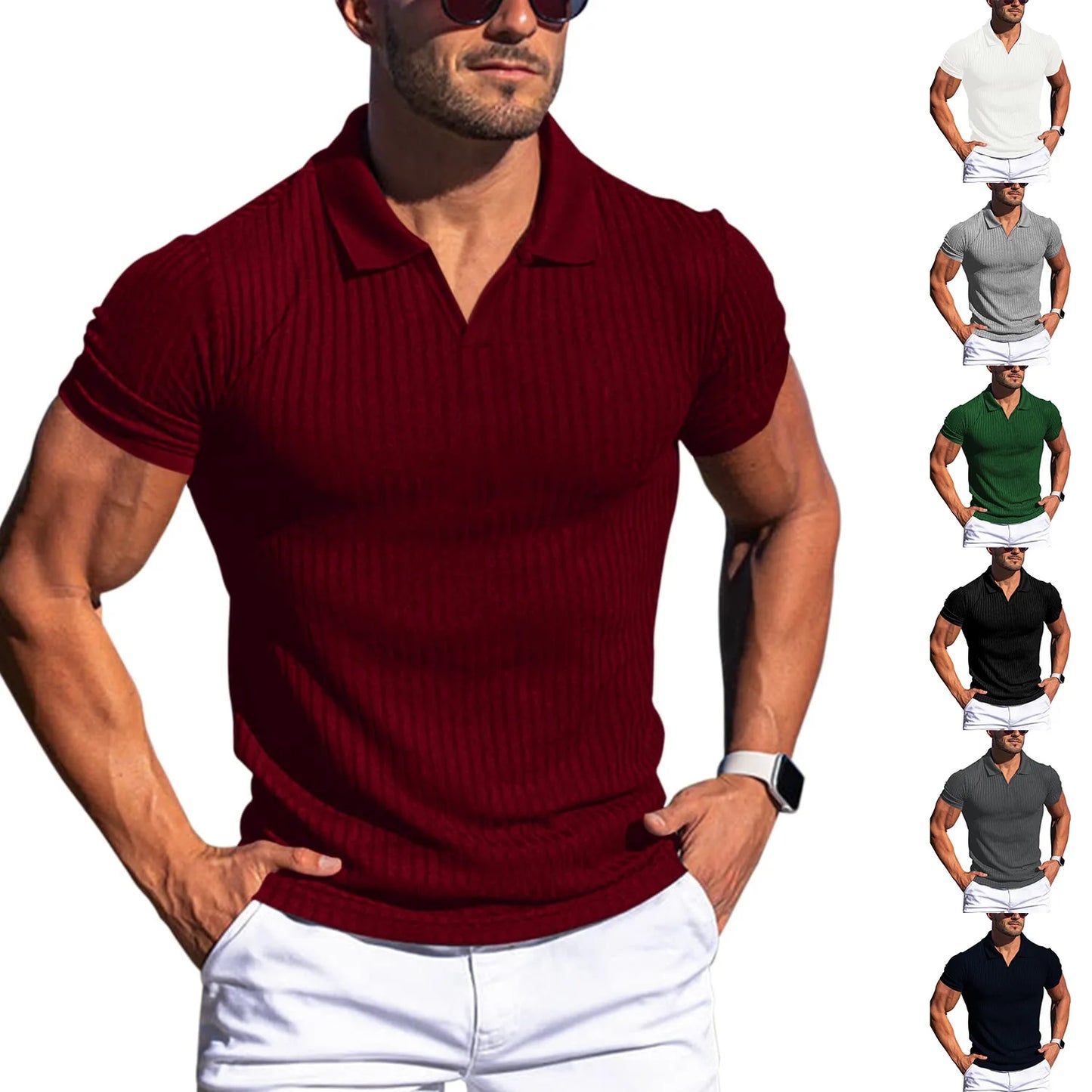 Ribbed V-Neck Polo