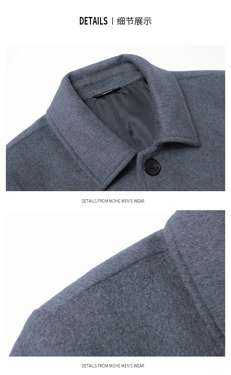High-quality men's fashionable, stylish and versatile solid-color casual long woolen overcoat, wool woolen overcoat