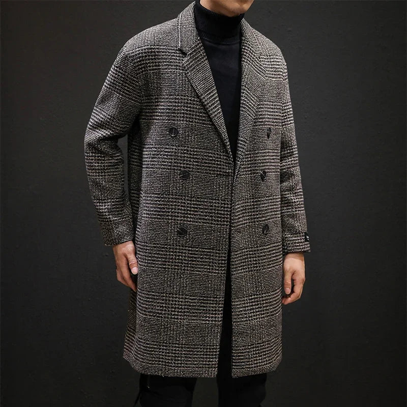YASUGUOJI Casual Double Breasted Mens Wool Overcoat Winter 2022 Houndstooth Jacket Men Turn-down Collar Long Woollen Wind Coat
