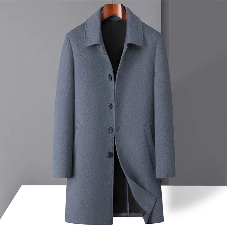 High-quality men's fashionable, stylish and versatile solid-color casual long woolen overcoat, wool woolen overcoat