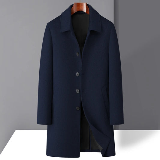 High-quality men's fashionable, stylish and versatile solid-color casual long woolen overcoat, wool woolen overcoat