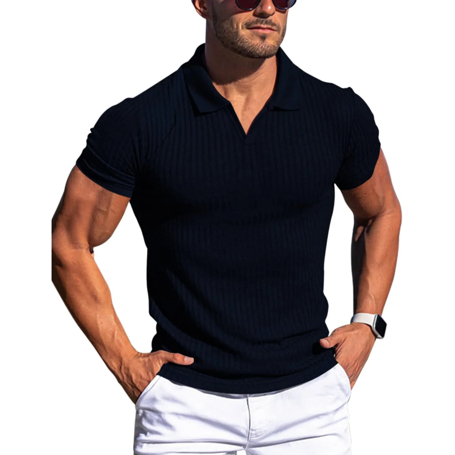 Ribbed V-Neck Polo