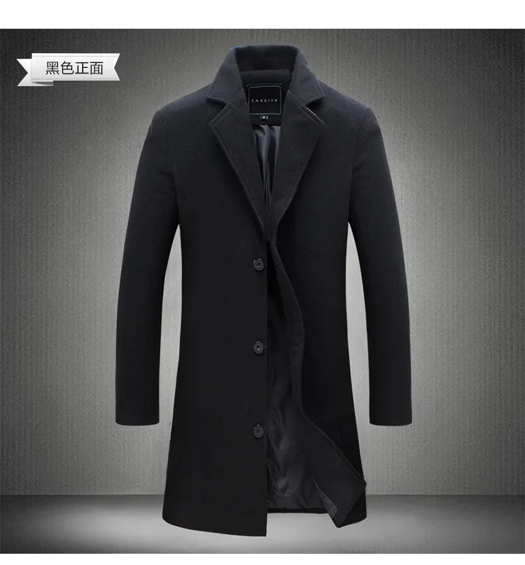 Autumn Winter Men Wool Overcoat Lapel Long Sleeve Jacket Single Breasted Mid-length Business Trench Outwear Solid Dust Outwear
