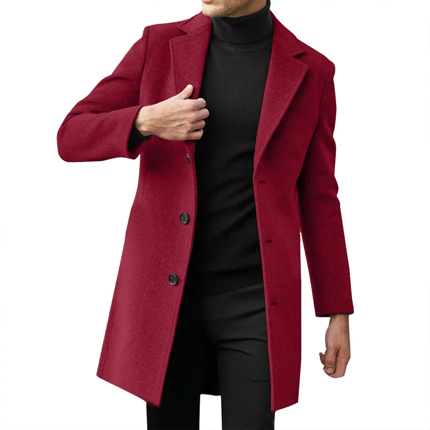 Autumn Winter Men Wool Overcoat Lapel Long Sleeve Jacket Single Breasted Mid-length Business Trench Outwear Solid Dust Outwear