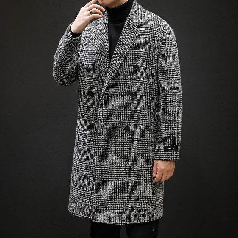 YASUGUOJI Casual Double Breasted Mens Wool Overcoat Winter 2022 Houndstooth Jacket Men Turn-down Collar Long Woollen Wind Coat