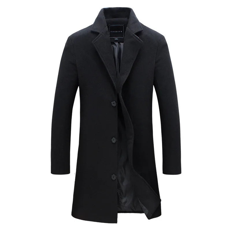 Autumn Winter Men Wool Overcoat Lapel Long Sleeve Jacket Single Breasted Mid-length Business Trench Outwear Solid Dust Outwear