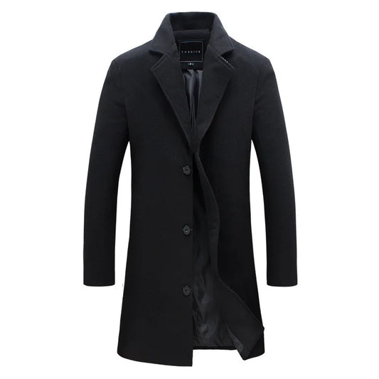 Autumn Winter Men Wool Overcoat Lapel Long Sleeve Jacket Single Breasted Mid-length Business Trench Outwear Solid Dust Outwear