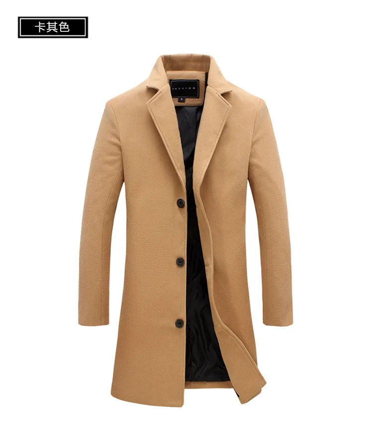 Autumn Winter Men Wool Overcoat Lapel Long Sleeve Jacket Single Breasted Mid-length Business Trench Outwear Solid Dust Outwear