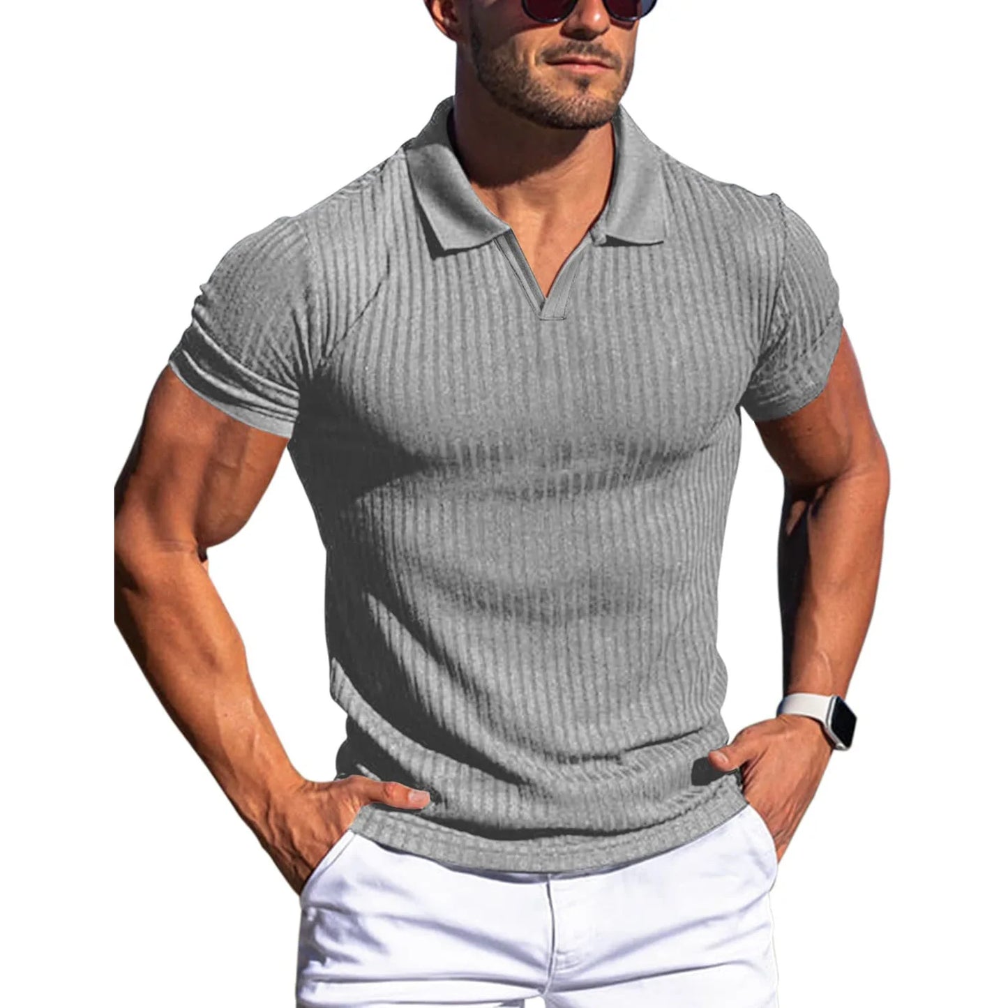 Ribbed V-Neck Polo
