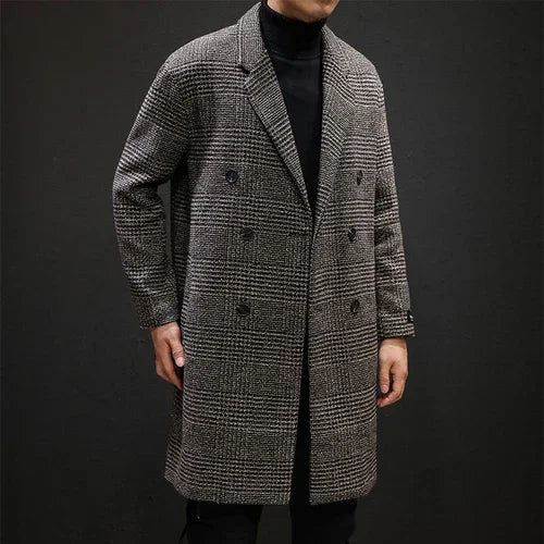 YASUGUOJI Casual Double Breasted Mens Wool Overcoat Winter 2022 Houndstooth Jacket Men Turn-down Collar Long Woollen Wind Coat