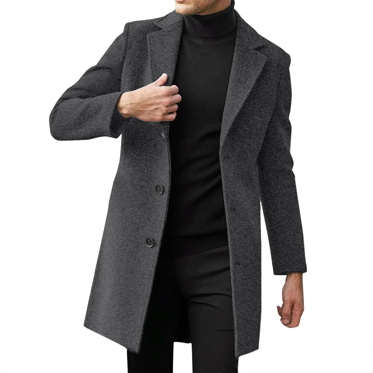 Autumn Winter Men Wool Overcoat Lapel Long Sleeve Jacket Single Breasted Mid-length Business Trench Outwear Solid Dust Outwear
