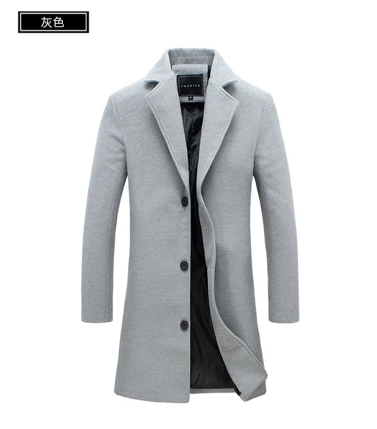 Autumn Winter Men Wool Overcoat Lapel Long Sleeve Jacket Single Breasted Mid-length Business Trench Outwear Solid Dust Outwear