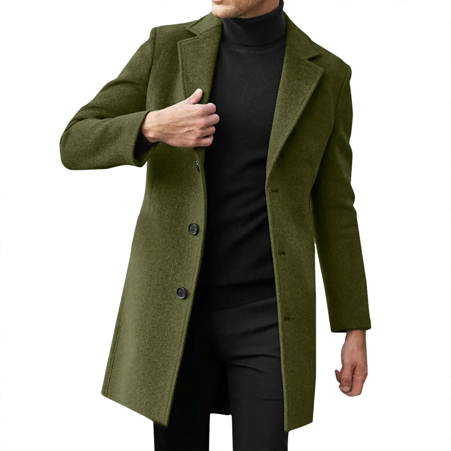 Autumn Winter Men Wool Overcoat Lapel Long Sleeve Jacket Single Breasted Mid-length Business Trench Outwear Solid Dust Outwear